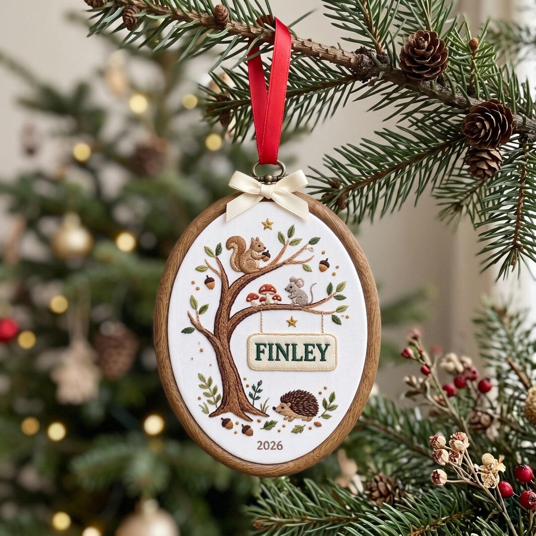 Personalized Woodland Forest Animals Squirrel Hedgehog Mouse Tree Name Sign Christmas Embroidered Ornament — Christmas ornament