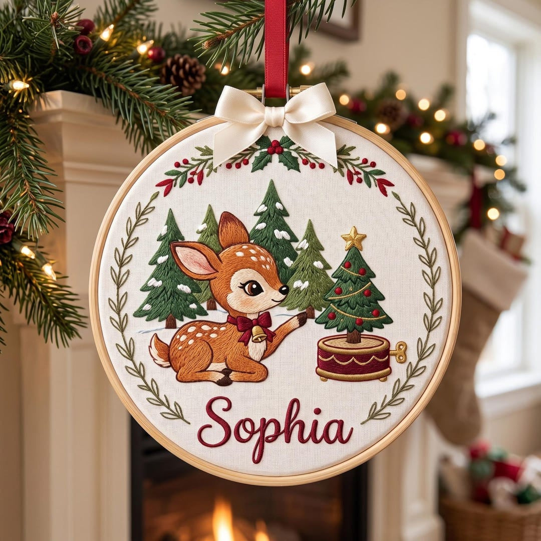 Personalized Christmas Baby Deer Music Box Pine Trees Holly Wreath Custom Name Embroidered Ornament — Christmas ornament