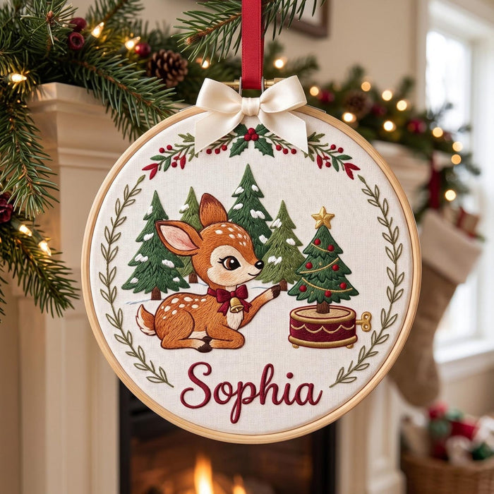 Personalized Christmas Baby Deer Music Box Pine Trees Holly Wreath Custom Name Embroidered Ornament