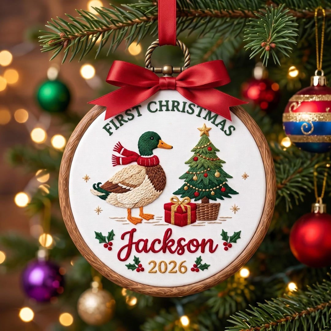 Personalized First Christmas Mallard Duck Christmas Tree Holly Embroidered Ornament — Christmas ornament