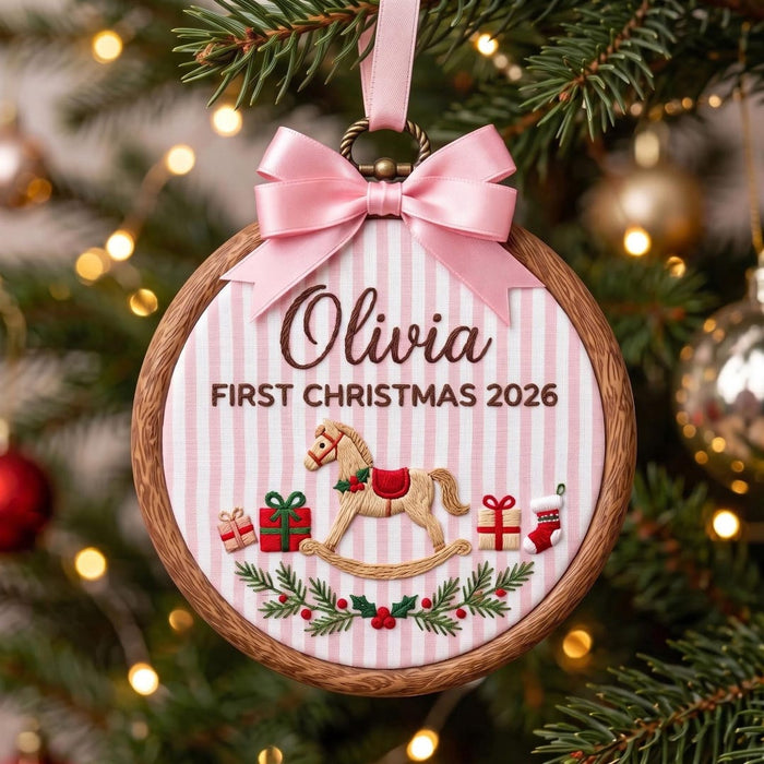 Personalized Baby Girl First Christmas Rocking Horse Gifts Stocking Holly Garland 2026 Custom Name Embroidered Ornament