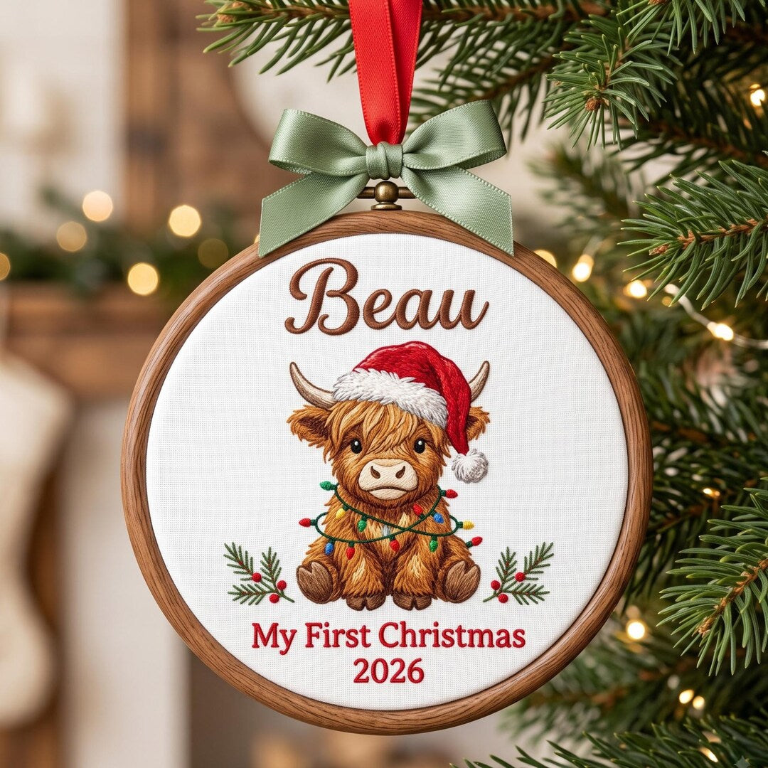 Personalized Baby Highland Cow Santa Hat Christmas Lights My First Christmas Custom Name 2026 Embroidered Ornament — Christmas ornament