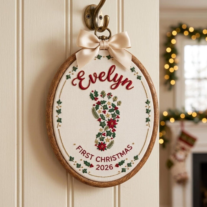 Personalized Baby Footprint Christmas Floral Holly Poinsettia First Christmas Custom Name 2026 Embroidered Ornament