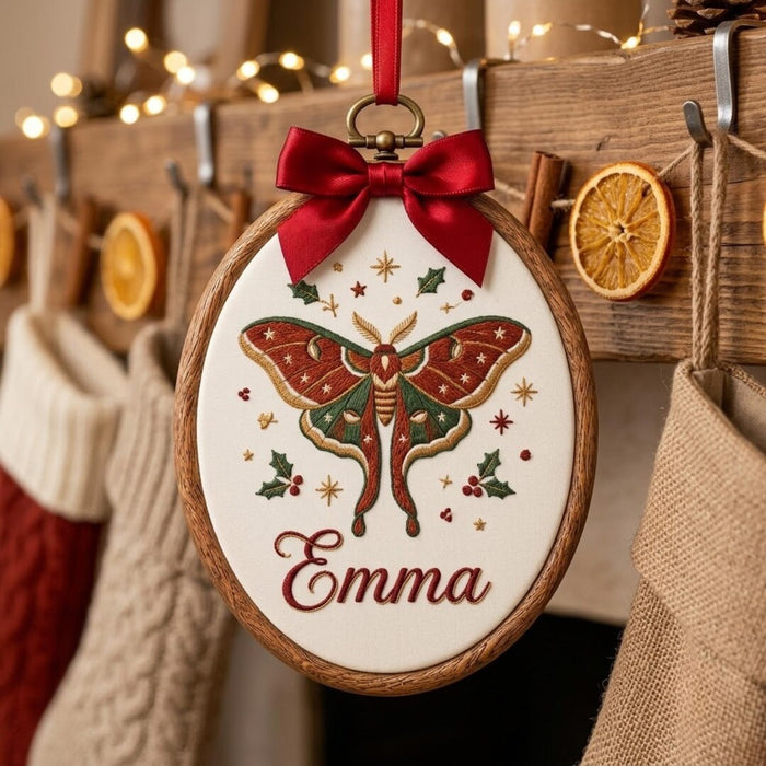 Personalized Christmas Moth Holly Stars Custom Name Embroidered Ornament