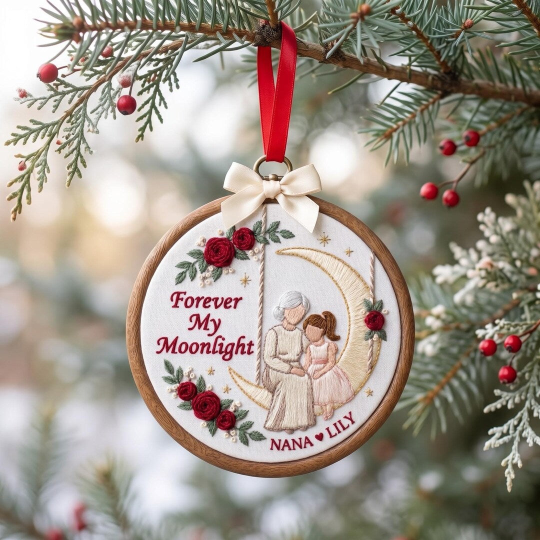 Personalized Grandma Granddaughter Moon Swing Roses Forever My Moonlight Christmas Embroidered Ornament — Christmas ornament