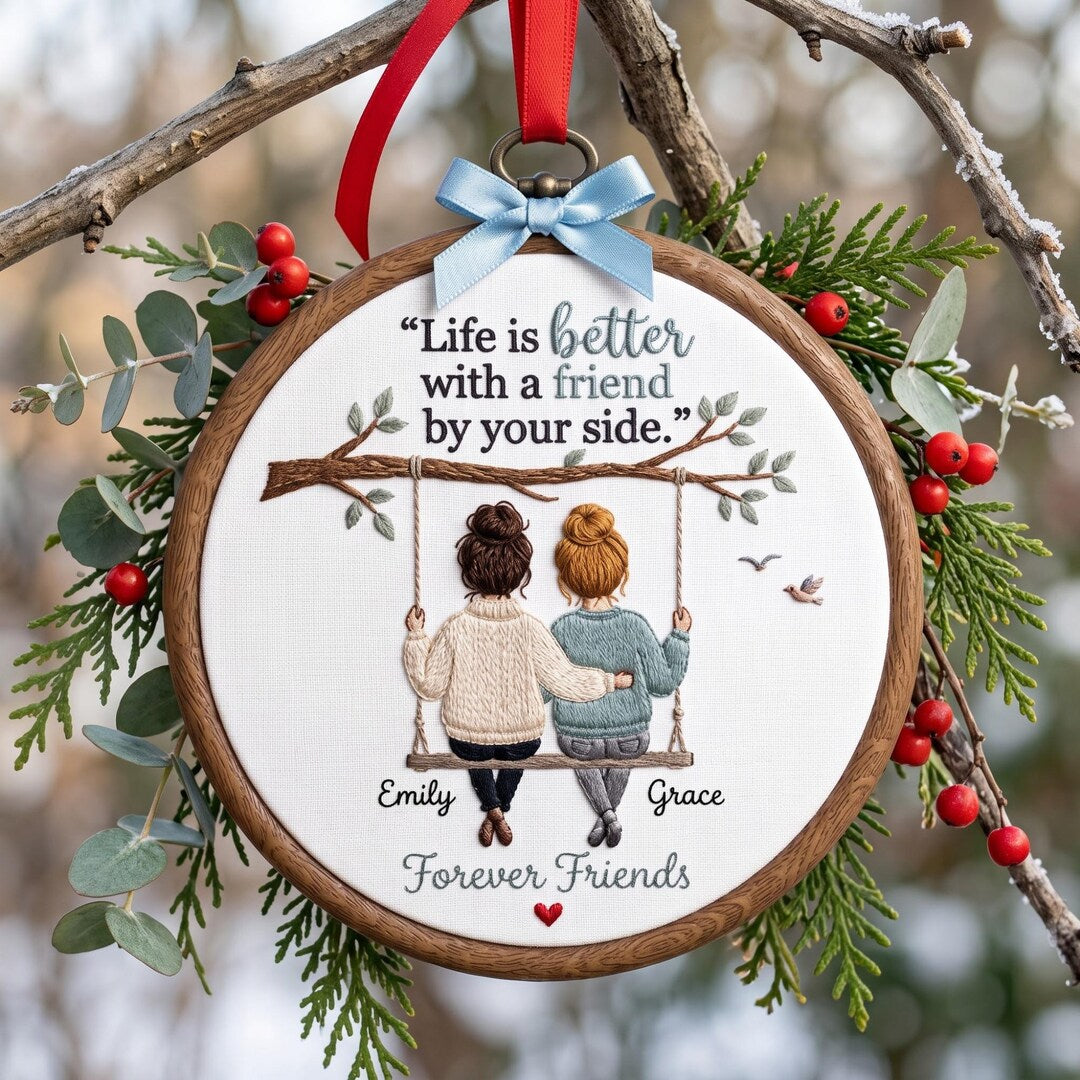 Personalized Best Friends Swing Tree Branch Birds Custom Name Forever Friends Embroidered Christmas Ornament — Christmas ornament