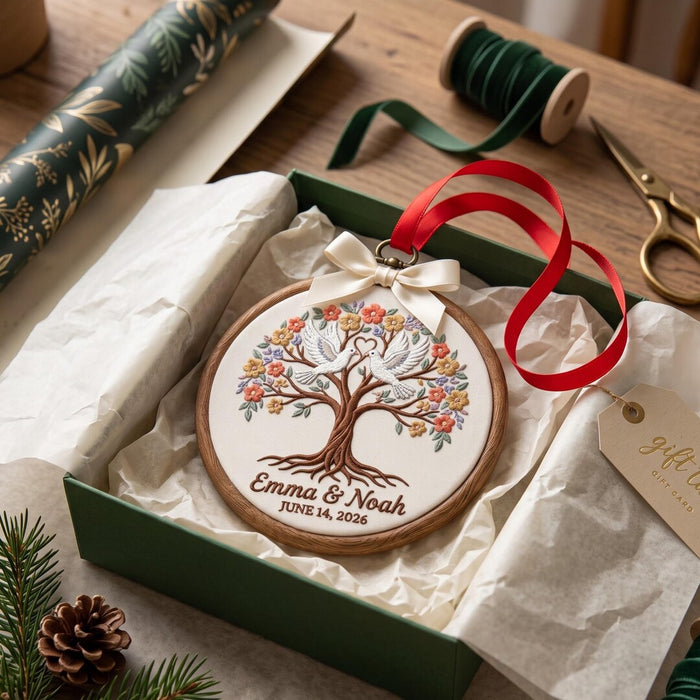 Personalized Couple Wedding Dove Tree of Life Floral Custom Name Date Embroidered Christmas Ornament