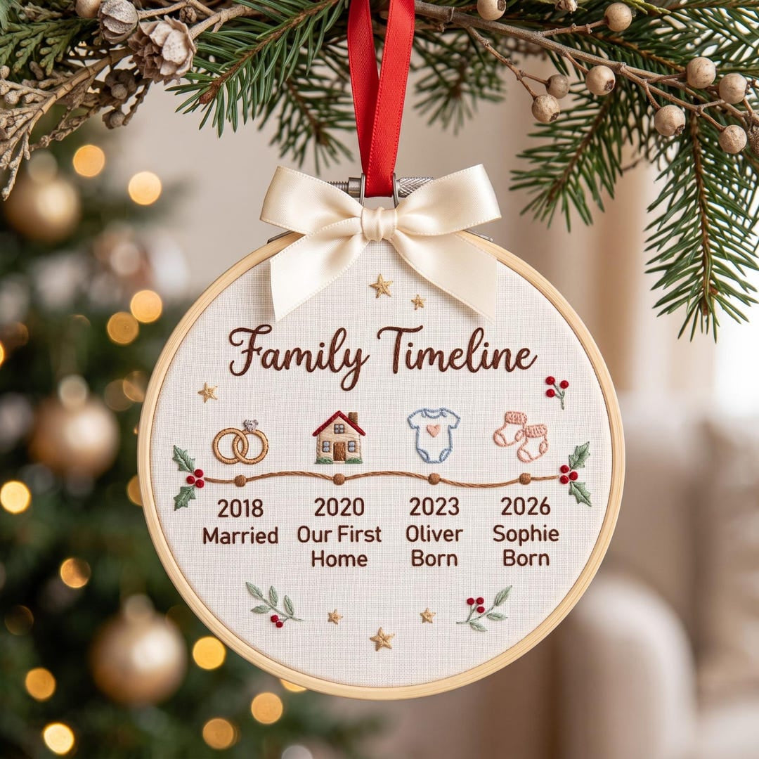 Personalized Family Timeline Milestones Wedding Home Baby Christmas Embroidered Ornament — Christmas ornament