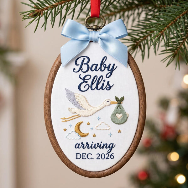 Personalized Baby Arrival Stork Bundle Moon Stars Arriving Date Embroidered Christmas Ornament — Christmas ornament