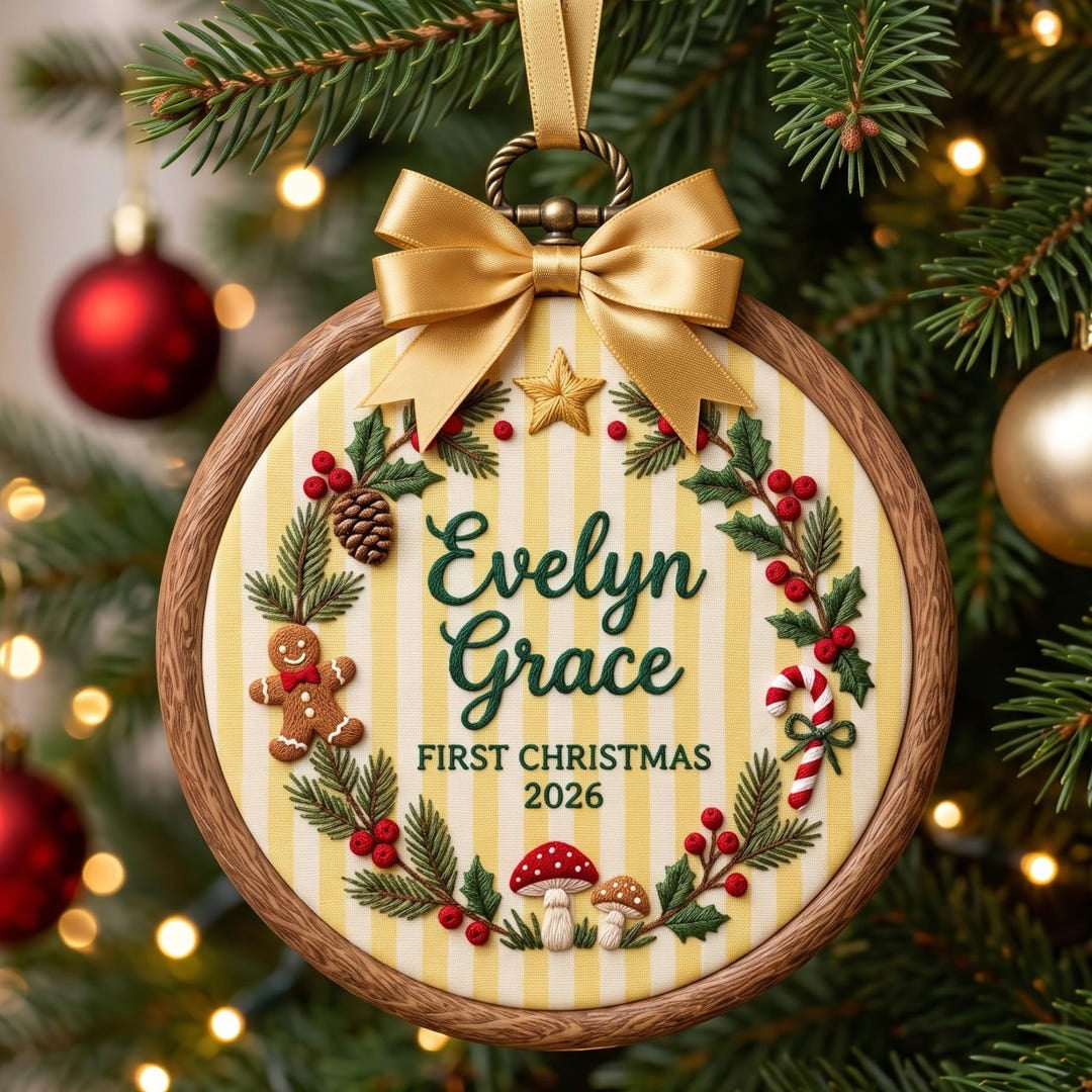Personalized Baby First Christmas Gingerbread Mushroom Wreath Custom Name Year Embroidered Ornament — Christmas ornament