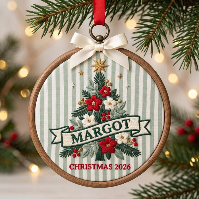 Personalized Floral Christmas Tree Banner Custom Name Year Embroidered Ornament