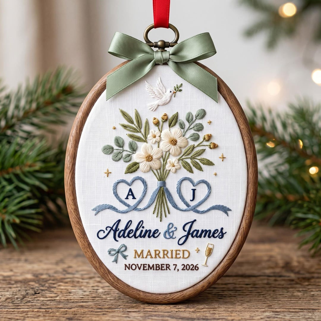 Personalized Couple Wedding Bouquet Dove Initials Hearts Floral Custom Name Date Married Embroidered Christmas Ornament — Christmas ornament