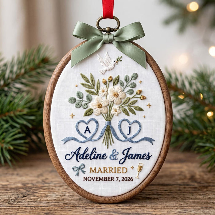 Personalized Couple Wedding Bouquet Dove Initials Hearts Floral Custom Name Date Married Embroidered Christmas Ornament