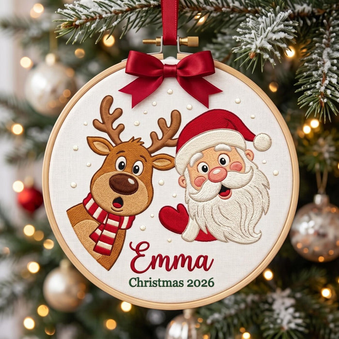 Personalized Santa Claus Reindeer Funny Duo Custom Name Christmas 2026 Embroidered Ornament