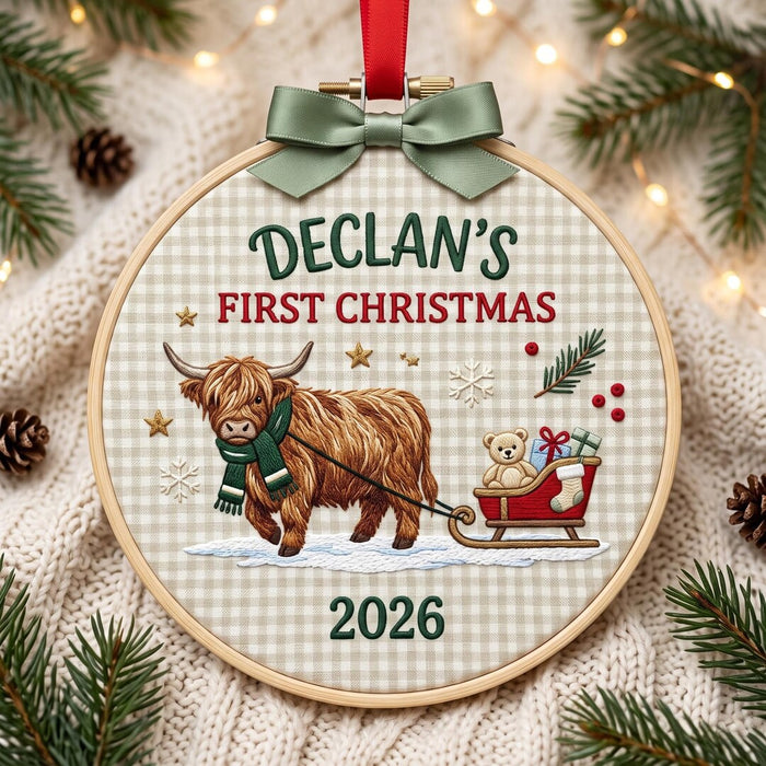 Personalized Baby First Christmas Highland Cow Sleigh Teddy Bear Custom Name Year Embroidered Ornament