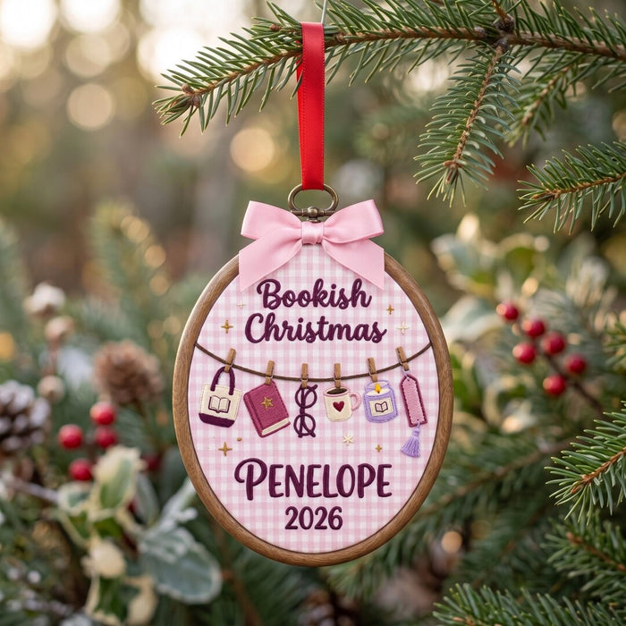 Personalized Bookish Christmas Clothesline Book Bag Glasses Candle Bookmark Custom Name Embroidered Ornament