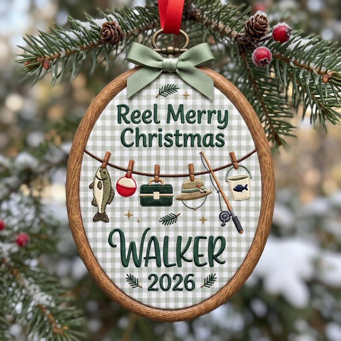 Personalized Fishing Reel Merry Christmas Custom Name Year Embroidered Ornament