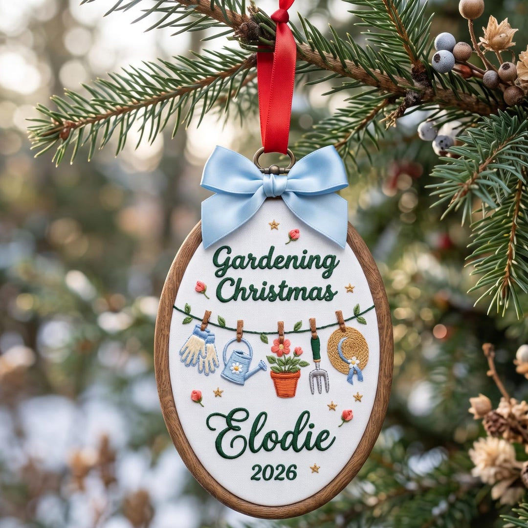 Personalized Gardening Clothesline Tools Custom Name Christmas 2026 Embroidered Ornament — Christmas ornament