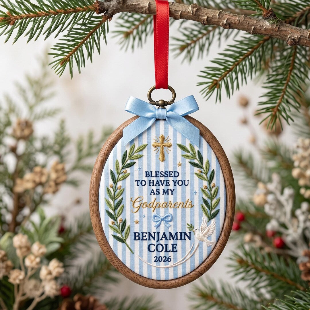 Personalized Godparents Blessing Cross Dove Laurel Wreath Baby Name Year Embroidered Christmas Ornament — Christmas ornament