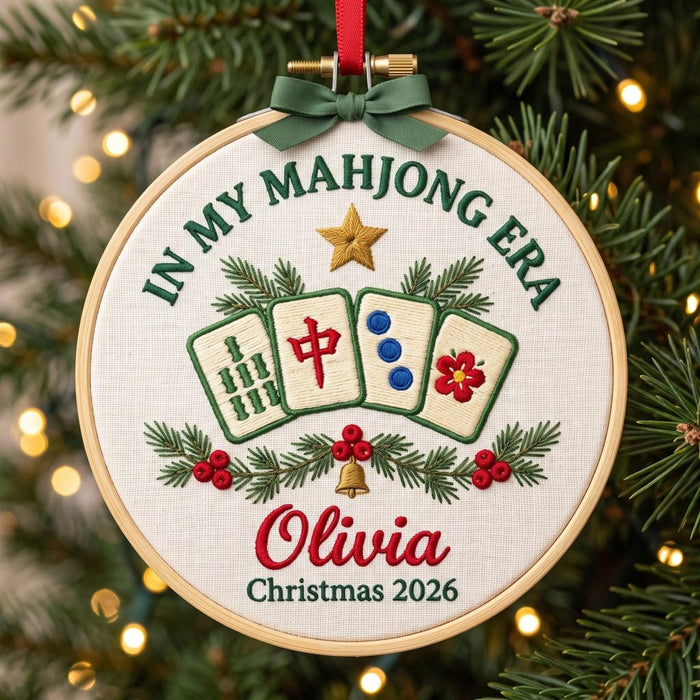 Personalized In My Mahjong Era Mahjong Tiles Holly Christmas Custom Name Embroidered Ornament