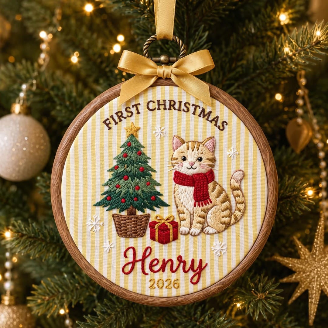 Personalized Cat First Christmas Kitten Scarf Christmas Tree Gift Snowflakes Custom Name Year Embroidered Ornament — Christmas ornament