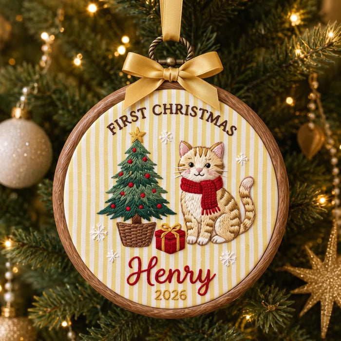 Personalized Cat First Christmas Kitten Scarf Christmas Tree Gift Snowflakes Custom Name Year Embroidered Ornament