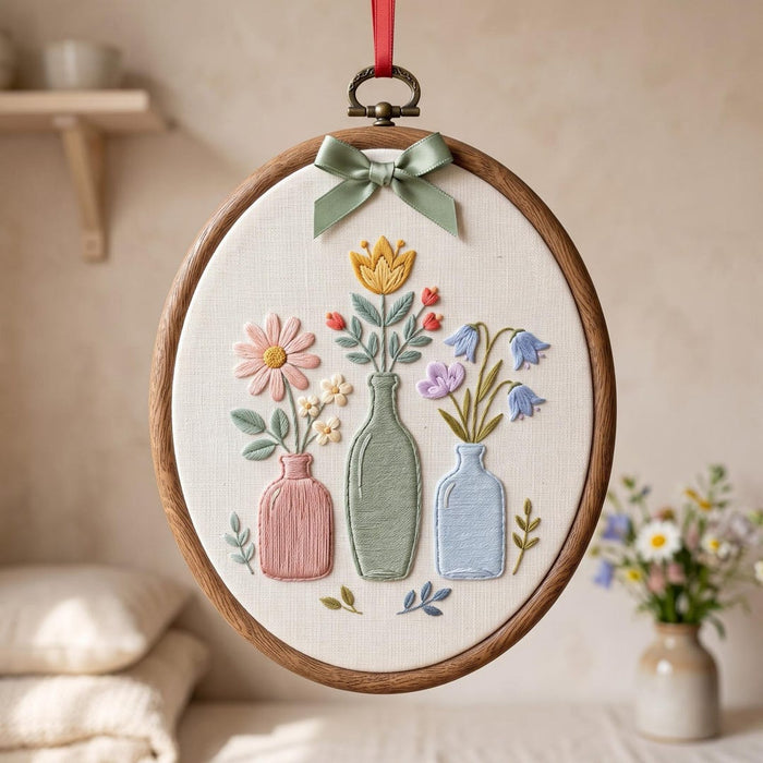 Personalized Wildflower Floral Vases Botanical Hoop Embroidered Christmas Ornament