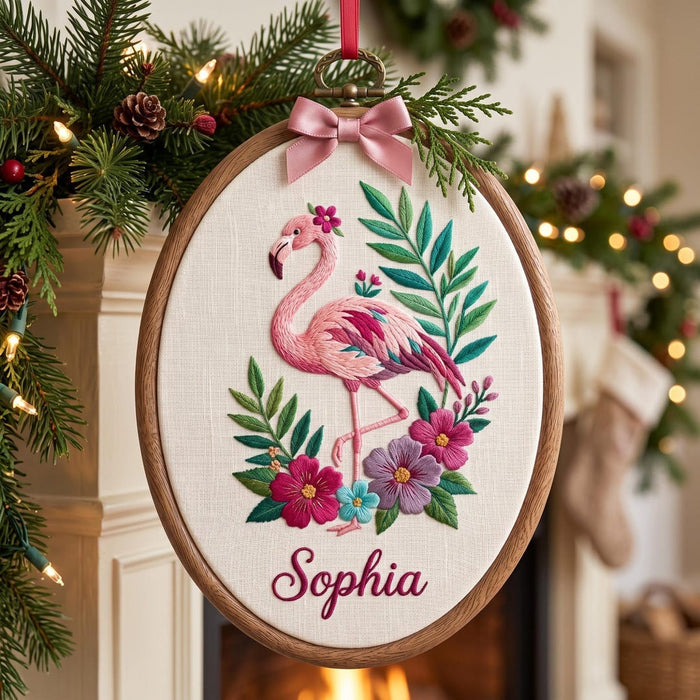 Personalized Flamingo Tropical Floral Custom Name Christmas Embroidered Ornament