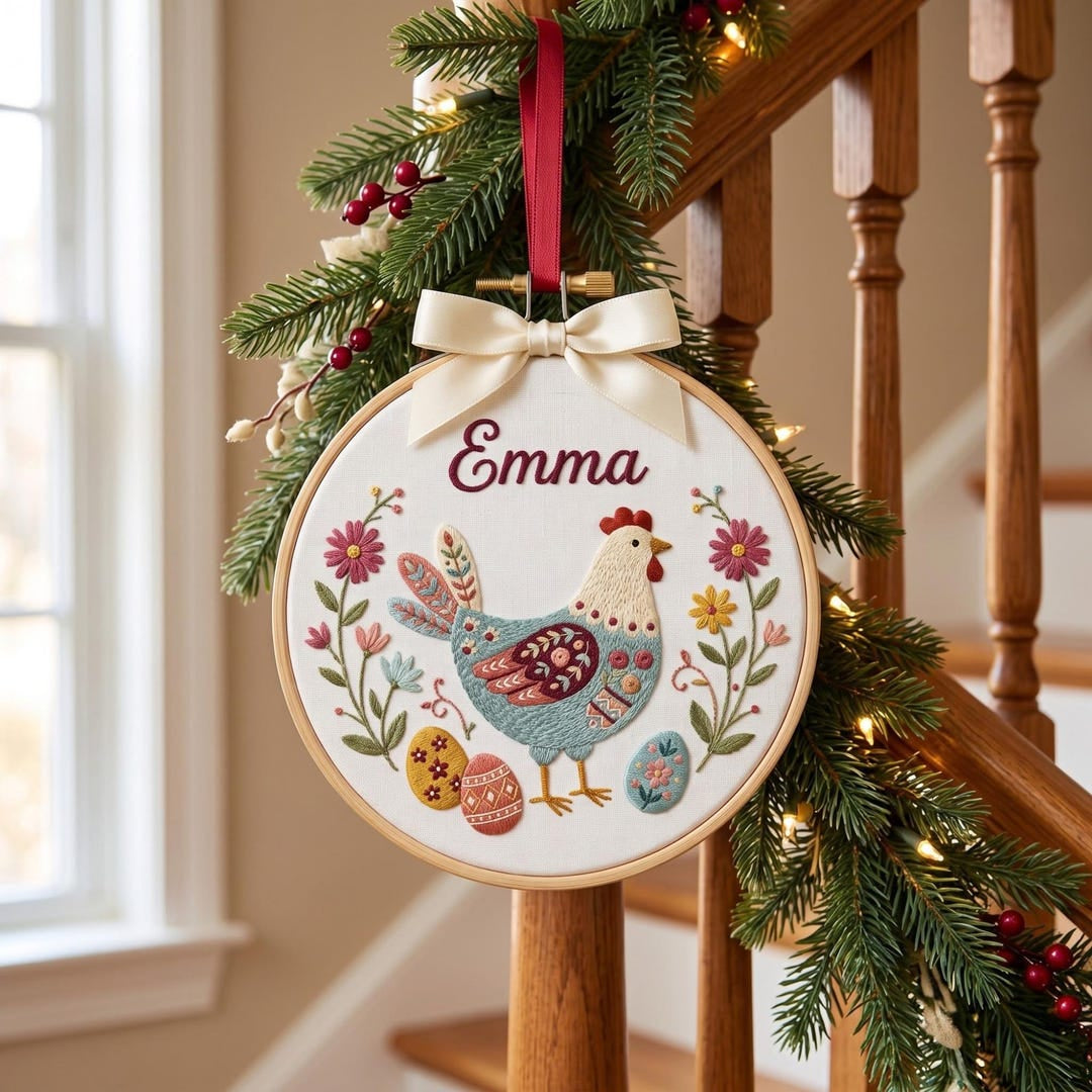 Personalized Folk Art Chicken Hen Floral Easter Eggs Custom Name Embroidered Christmas Ornament — Christmas ornament