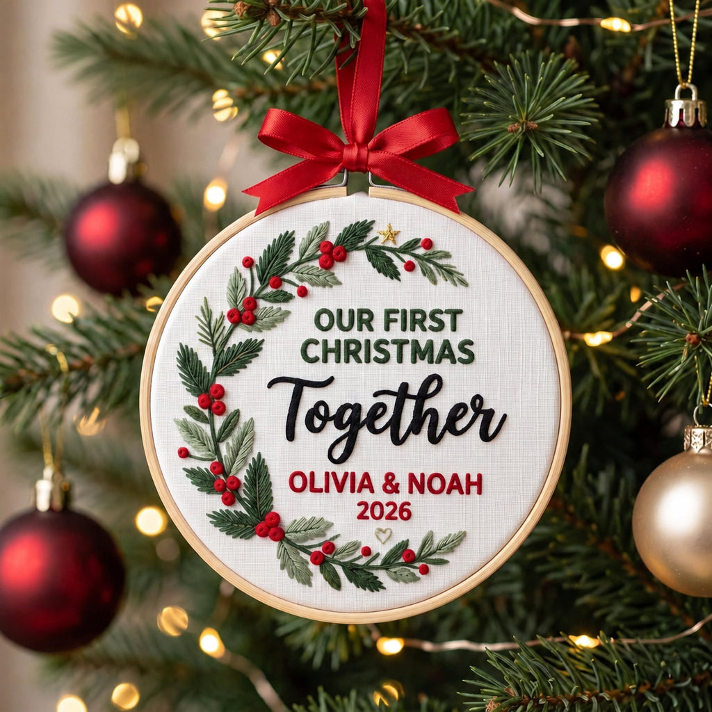 Personalized Our First Christmas Together Holly Berry Wreath Couple Custom Names Year Embroidered Ornament — Christmas ornament