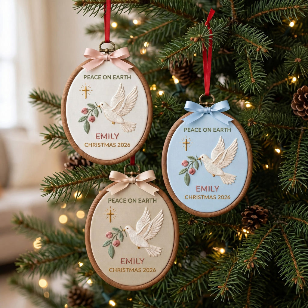 Personalized Peace On Earth Dove Cross Floral Custom Name Christmas Embroidered Ornament — Christmas ornament