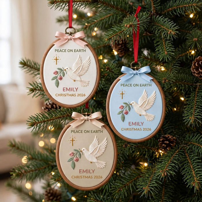 Personalized Peace On Earth Dove Cross Floral Custom Name Christmas Embroidered Ornament