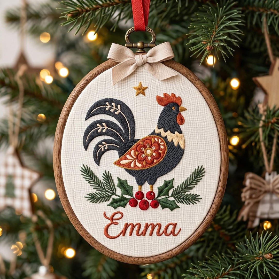 Personalized Folk Art Rooster Holly Christmas Custom Name Embroidered Ornament — Christmas ornament