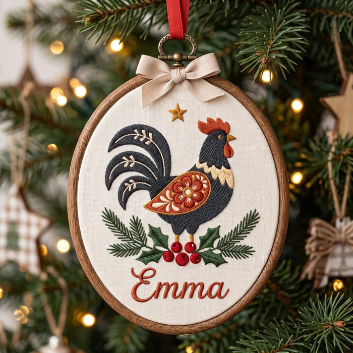 Personalized Folk Art Rooster Holly Christmas Custom Name Embroidered Ornament