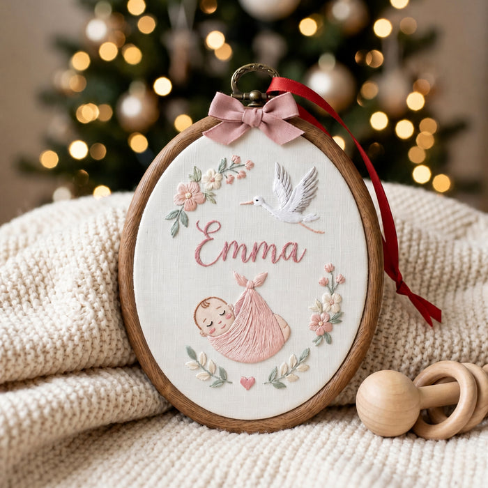 Personalized Baby Girl Stork Newborn Floral Custom Name Embroidered Christmas Ornament