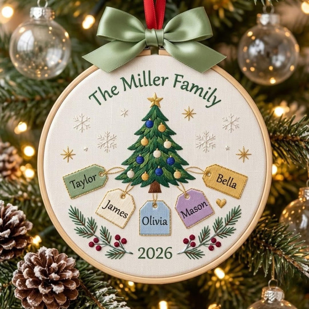 Personalized Family Christmas Tree Gift Tags Custom Names Year Embroidered Ornament — Christmas ornament