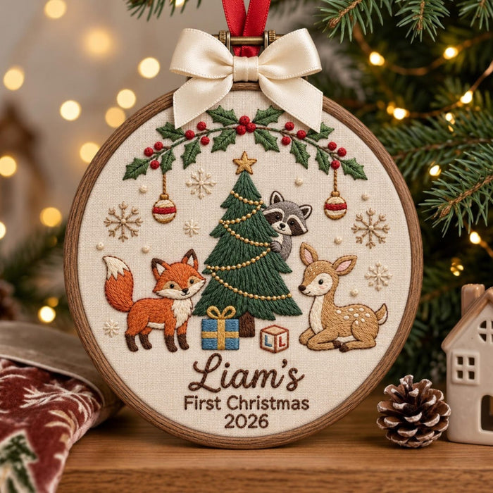 Personalized Baby First Christmas Fox Raccoon Deer Woodland Tree Custom Name Year Embroidered Ornament