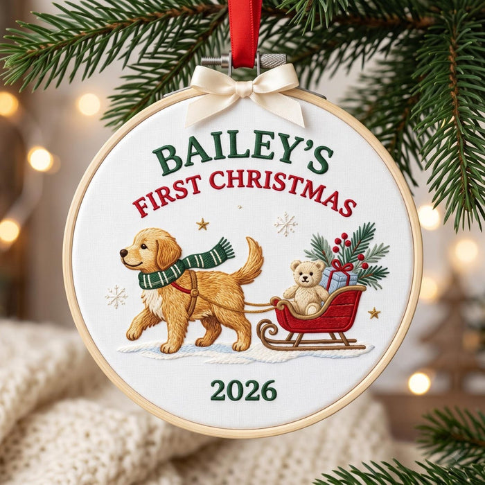 Personalized Dog's First Christmas Puppy Pulling Sleigh Custom Name Year Embroidered Ornament