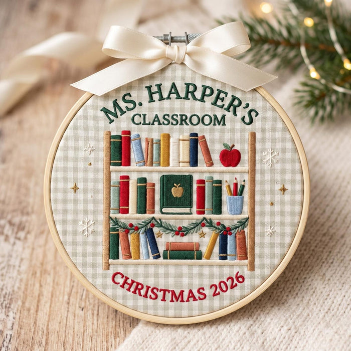 Personalized Teacher Classroom Bookshelf Holly Berries Apple Pencils Christmas Custom Name Embroidered Ornament