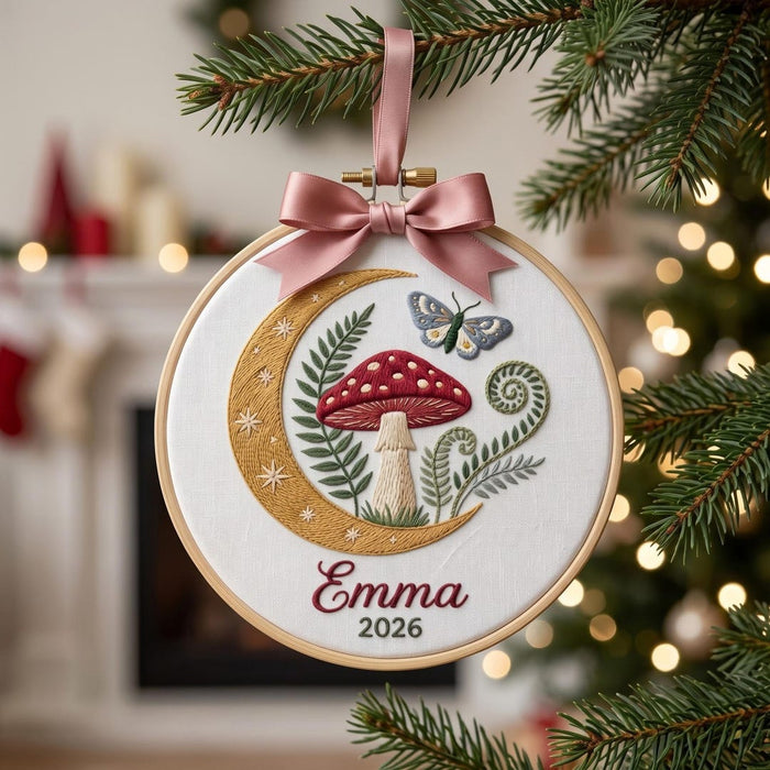 Personalized Mushroom Crescent Moon Butterfly Fern Botanical Custom Name Year Christmas Embroidered Ornament