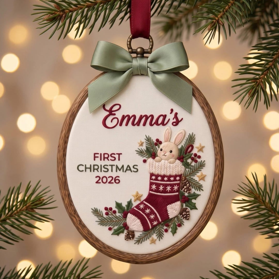 Personalized Rabbit First Christmas Stocking Holly Berries Custom Name 2026 Embroidered Ornament — Christmas ornament