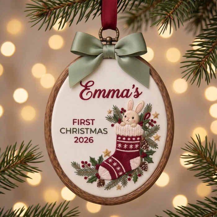 Personalized Rabbit First Christmas Stocking Holly Berries Custom Name 2026 Embroidered Ornament