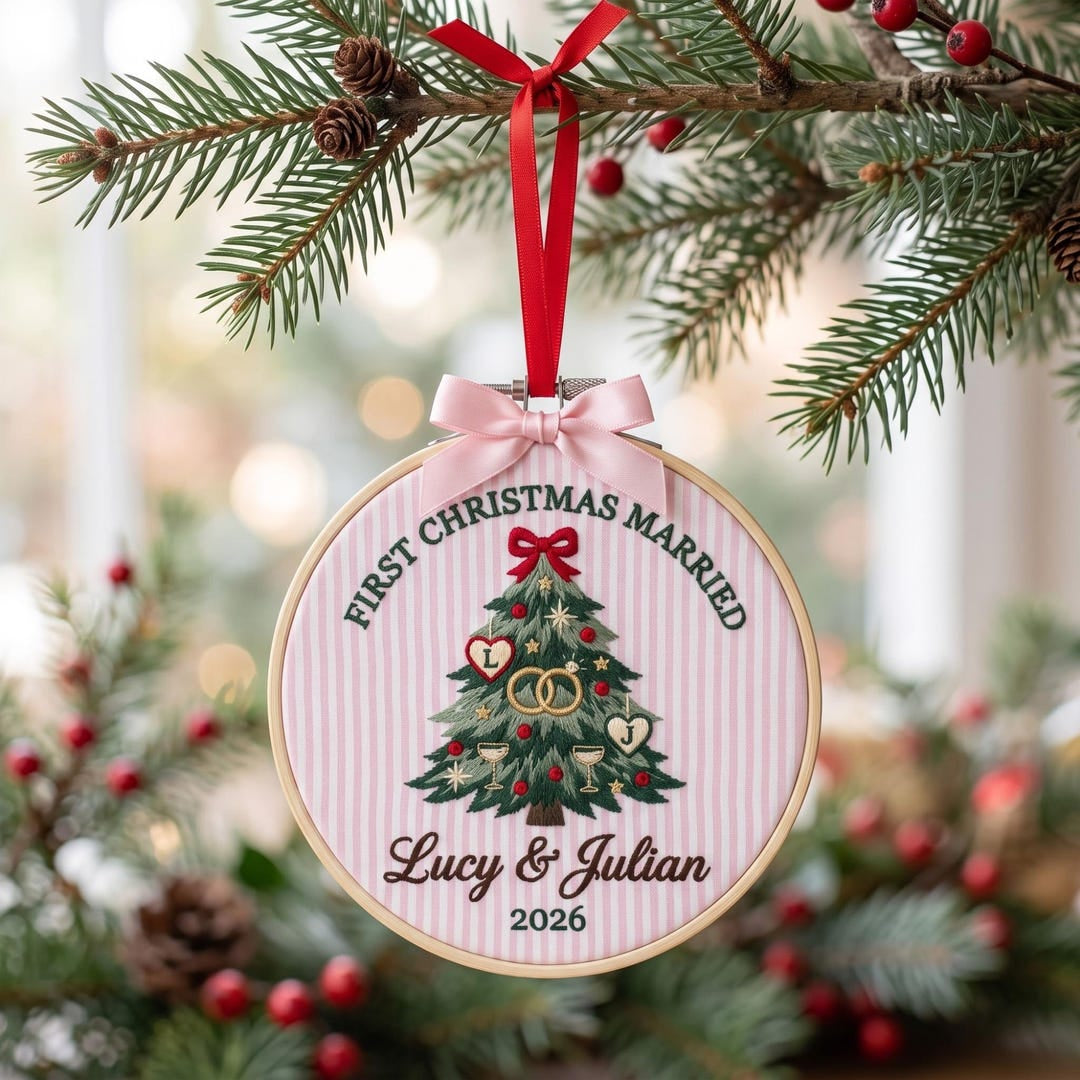 Personalized First Christmas Married Christmas Tree Wedding Rings Couple Initials Custom Name Year Embroidered Ornament — Christmas ornament