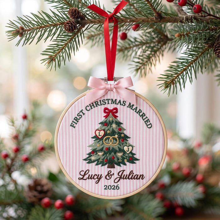 Personalized First Christmas Married Christmas Tree Wedding Rings Couple Initials Custom Name Year Embroidered Ornament