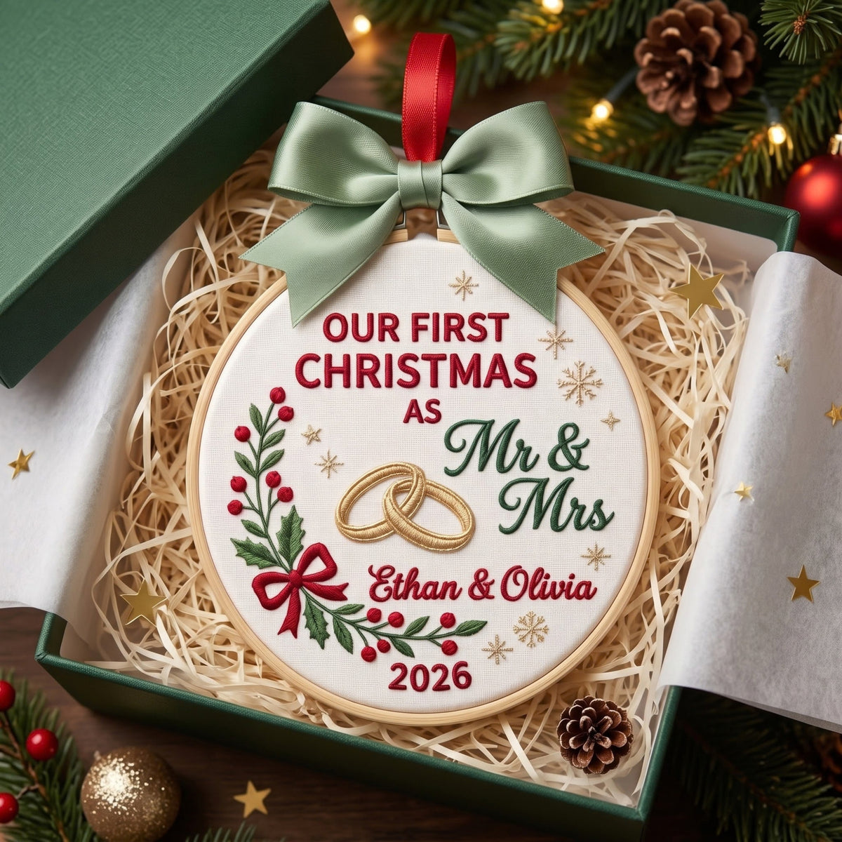 Personalized Our First Christmas as Mr & Mrs Couple Wedding Rings Holly Embroidered Ornament — Christmas ornament