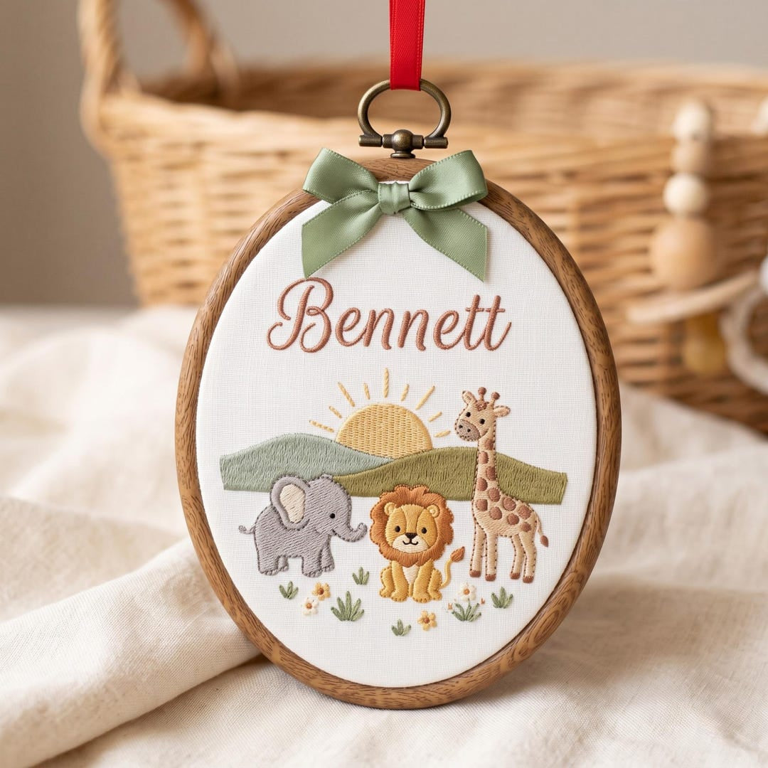 Personalized Safari Baby Name Hoop Elephant Lion Giraffe Nursery Embroidered Christmas Ornament — Christmas ornament