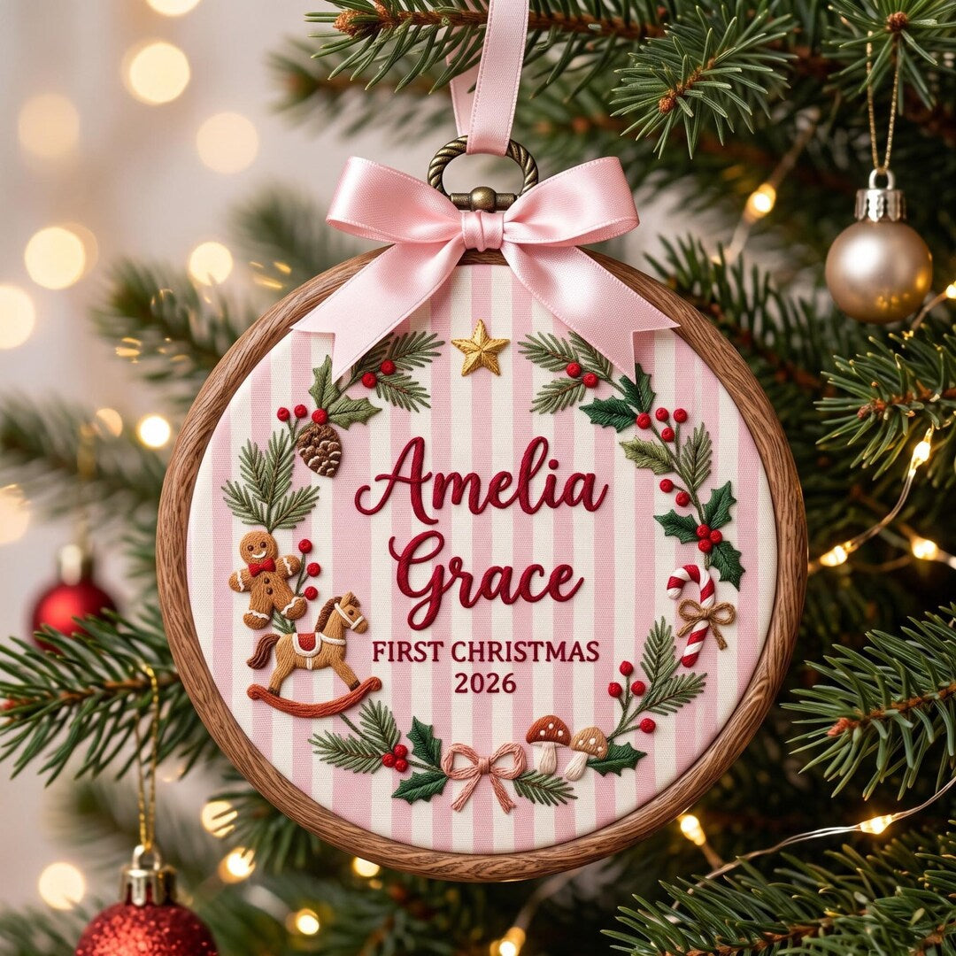 Personalized Baby Girl First Christmas Rocking Horse Gingerbread Holly Wreath Embroidered Ornament — Christmas ornament