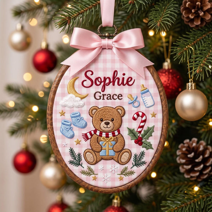 Personalized Baby First Christmas Teddy Bear Scarf Candy Cane Holly Baby Booties Moon Custom Name Embroidered Ornament