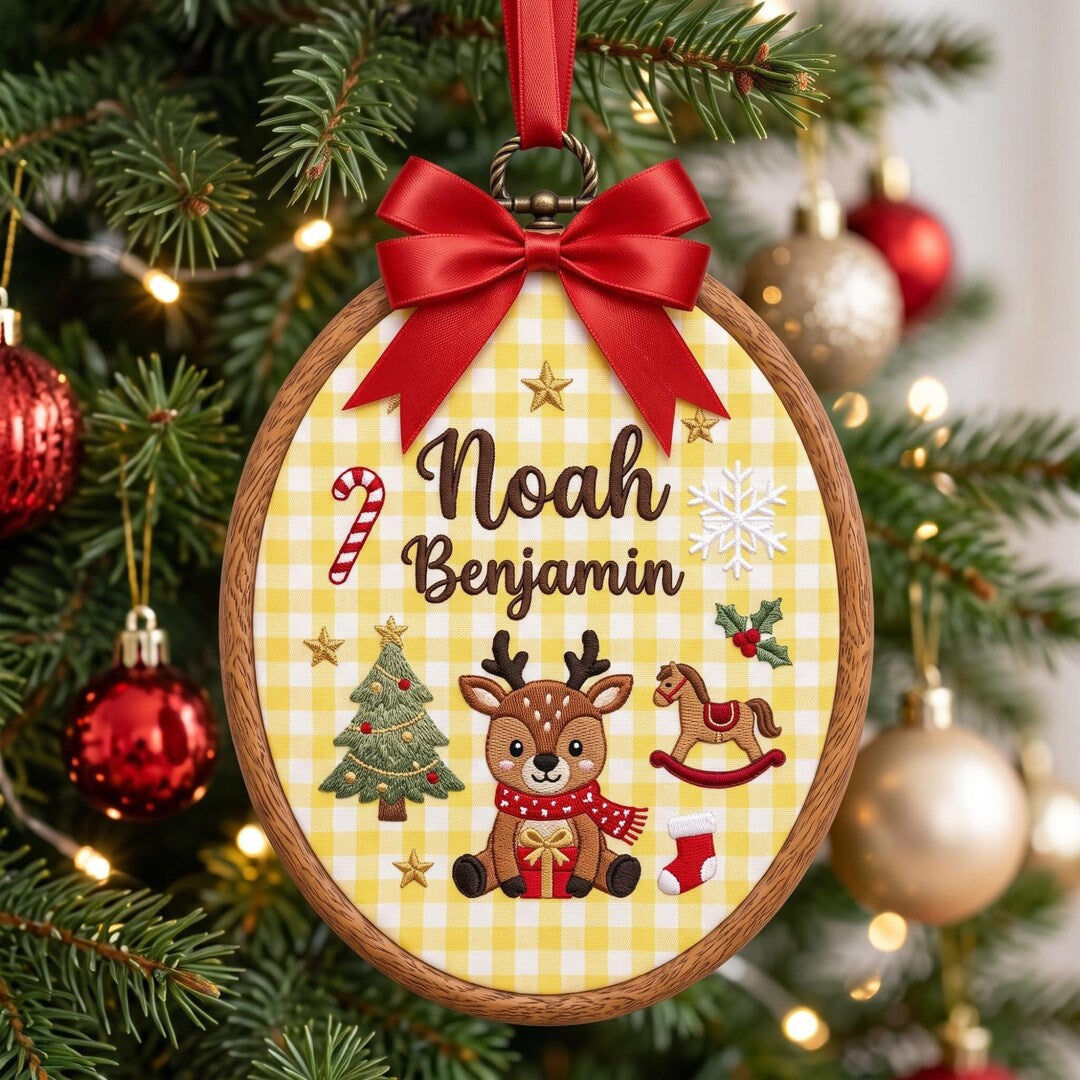 Personalized Baby Reindeer Candy Cane Rocking Horse Christmas Tree Custom Name Embroidered Ornament — Christmas ornament
