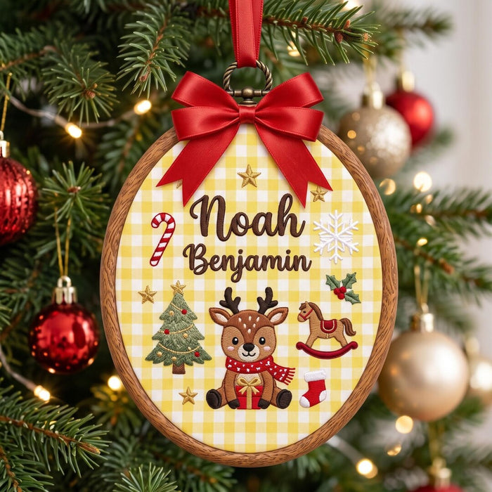 Personalized Baby Reindeer Candy Cane Rocking Horse Christmas Tree Custom Name Embroidered Ornament